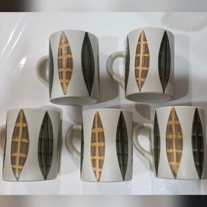 Ceramic White Mugs with Gold and Olive Leaf Motif - Set of 5